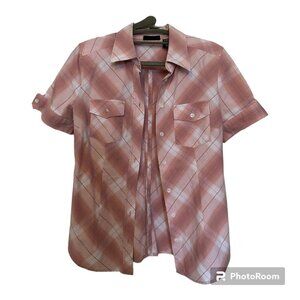 Women's Pink Plaid New York and Company Button Down Shirt - S